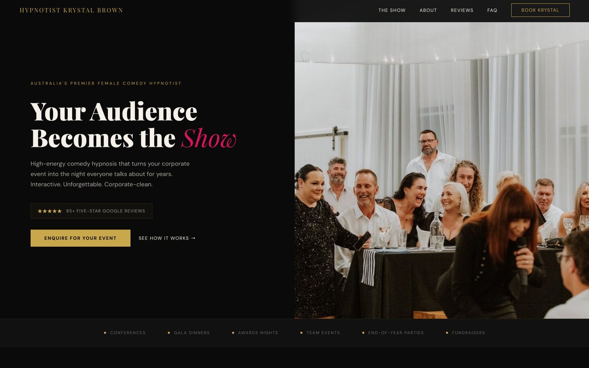 The Hypnotist Krystal Brown website homepage, designed and built by Ape Labs