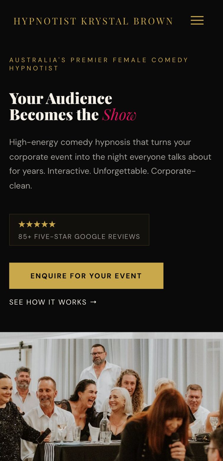 The Krystal Brown site on a phone — fully responsive